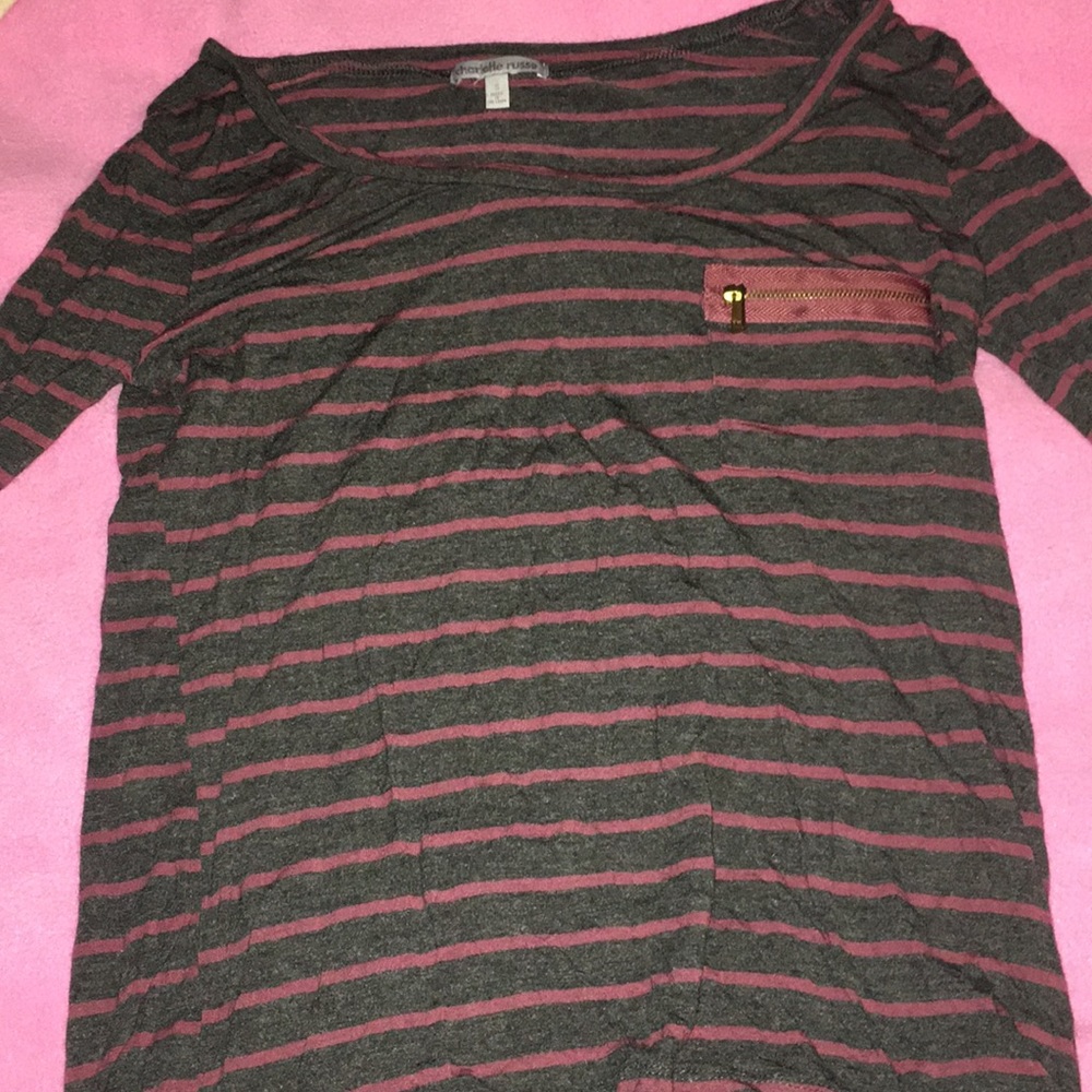 Gray with purple striped shirt